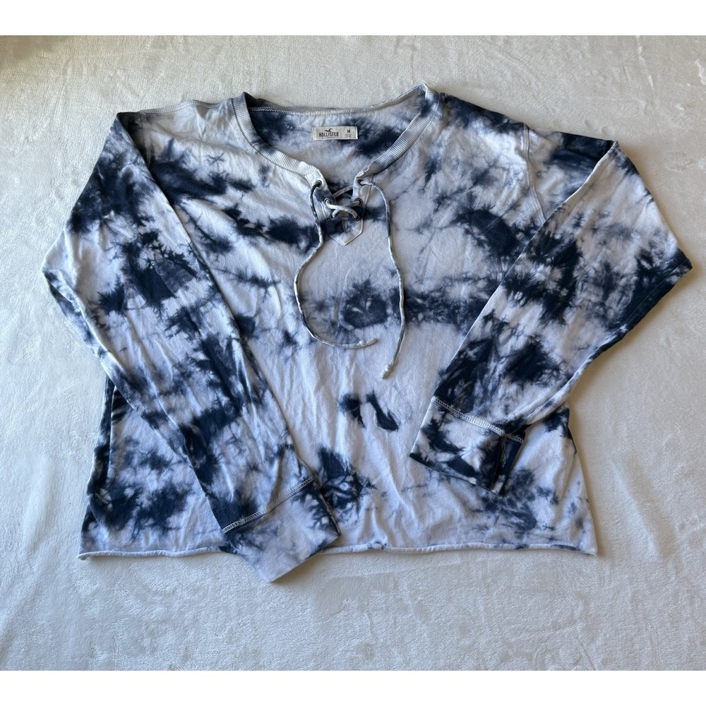 Hollister Black White Tie-Dye Lace Up V-Neck Long Sleeve Knit T-Shirt Women's M